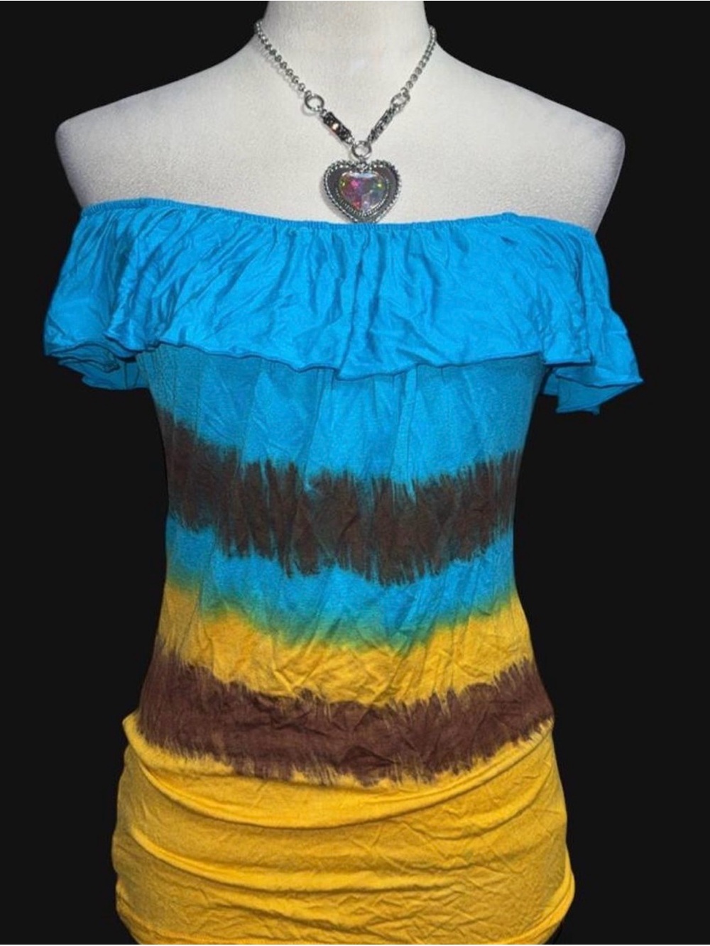 Tie-Dye Off-Shoulder Ruffle Tunic in Turquoise, Brown & Yellow